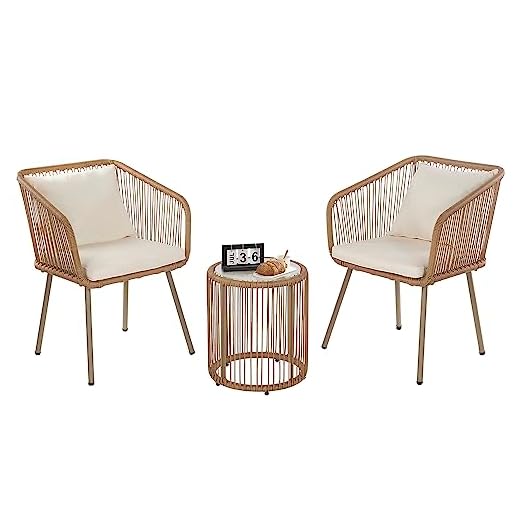 PayLessHere | 3-Piece Outdoor Patio Furniture Set | White | Modern Rattan Bistro Set with Cushioned Chairs & Tempered Glass Coffee Table | Indoor & Outdoor Seating | for Balcony, Garden, Poolside