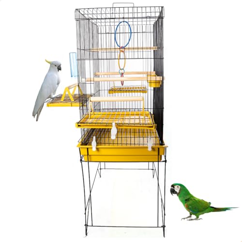 Gaiola para Pássaros com Pedestal Triplex Espaçosa Amarela com Comedouros e Acessórios