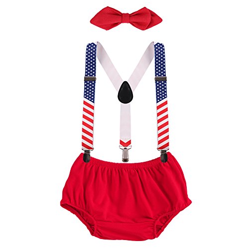 IBTOM CASTLE Baby Boys Cake Smash Outfit First Birthday Bloomers Bowtie Suspenders Clothes set Striped & Red One Size