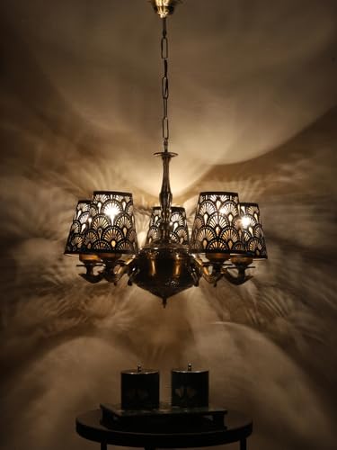 Image of Devansh 05 Lights Metal Etched Shade with Antique Golden Chandelier -Z