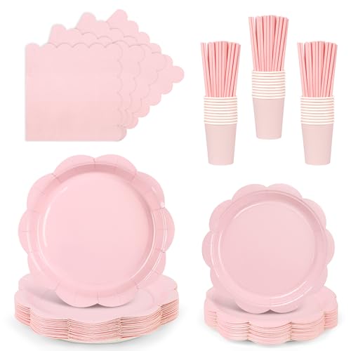 ZUQMZUQ Pink Paper Plates and Napkins Set Pink Party Tableware Set Include Scalloped Plate Cocktail Napkin Cups Straws Party Supplies for Baby Shower Wedding Birthday Party