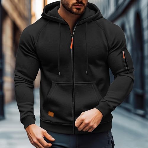 Mens Full Zip Hoodie Long Sleeve Tactical Jackets With Zipper Pockets Black - image 2