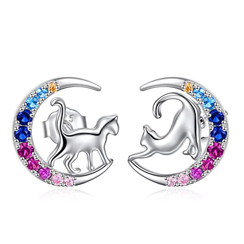 YFN Chat Boucles d'oreilles Argent Sterling Lune Zircon Pendantes Chat Mignon Bijoux Cadeaux pour...