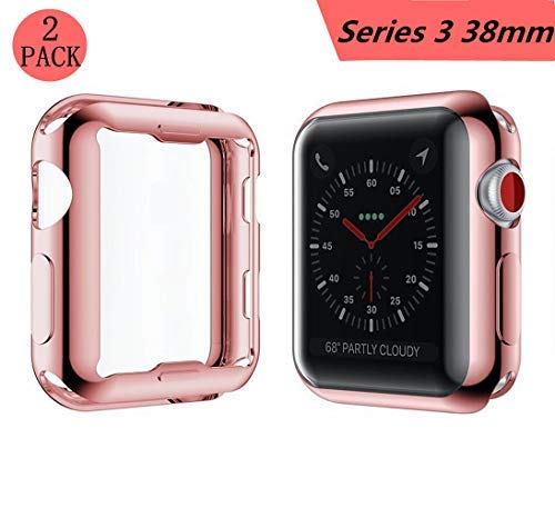 Smilelane Screen Protector Apple Watch 3 Case, iwatch Soft Flexible TPU All-Around Protective Case High Defination Clear Ultra-Thin Cover for Apple Watch Series 3 38mm (1 Rose-Pink + 1 Transparent)