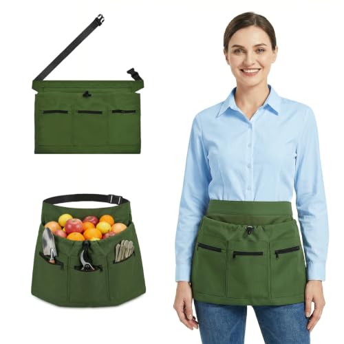 Cyiecweu Gärtner Schürze, Verstellbar Halbschürze Gartenschürze Herren Damen, Ernteschürze für Obstgärten, Gärten, Botanische Gärten, Gemüsegärten und landwirtschaftliche Betriebe (Tiefgrün)