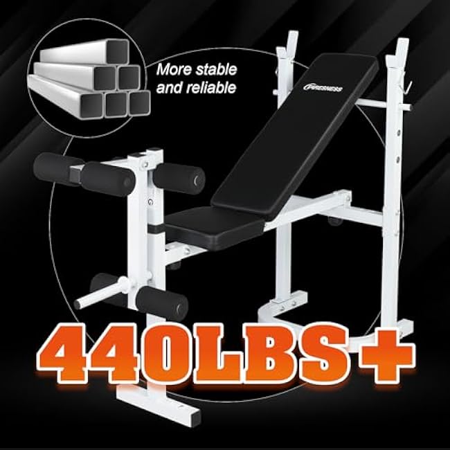 Adjustable Weight Bench for Full Body Workout, 4-in-1 Folding Bench Press with Leg Developer & Barbell Rack, 440LBS Capacity, for Home Gym Strength Training(White/Red)