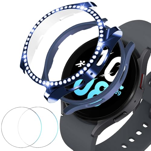 DEALELE [2+2 PACK Tempered Glass Case Compatible with Samsung Galaxy Watch 5/4 44mm, Bling Diamond + PC Matte Protective Case Cover + Tempered Glass Screen Protector, Blue + Blue