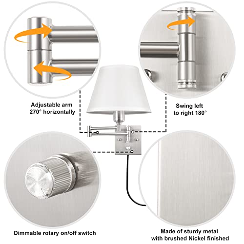 Image of TRLIFE Wall Sconce Plug in, Dimmable Wall Sconces Set of 2 Brushed Nickel Swing Arm Wall Lights with Plug in Cord and On /Off Dimmer Rotary Switch, 9.4 inch Medium White Fabric Shade(2 Pack, 2 Bulbs)
