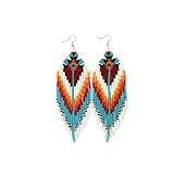 Long Beaded Dangle Earrings – Boho Native Handmade Seed Bead Tassel Bohemian Large Statement Drop Fringes for Women (Multicolor)
