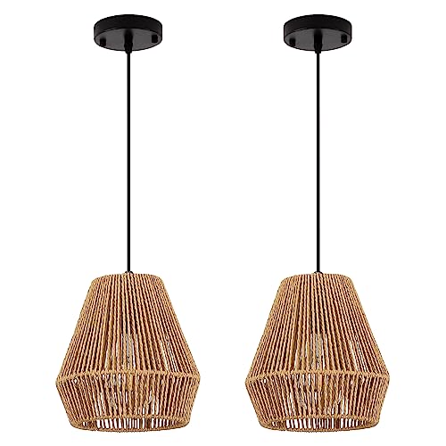 PINDODO Woven Pendant Light,7" Boho Hanging Lamp with Handwoven Rattan Lamp Shade,Coastal Farmhouse Pendant Light Fixtures for Kitchen Island Bedroom Living Room Bar Foyer Hallway,2 Pack - Image 8