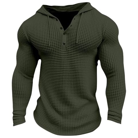 Elneeya Mens Waffle Long Sleeve Shirt Drawstring Hooded Sweatshirt Solid Color Long Sleeve Going Out Long Sleeve Tops Army Green Cover