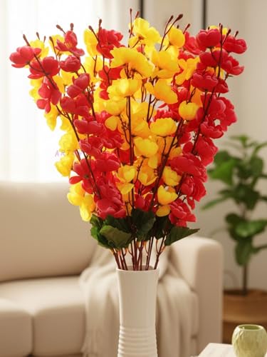 Image of ARTSY Artificial Flowers Bunch for Decoration Cherry Blossom, Ideal for vase, Home, Office Decor, Gifts, Craft, Artificial Plants for Decoration, Without vase, Yellow Maroon, Combo, 2 Pieces