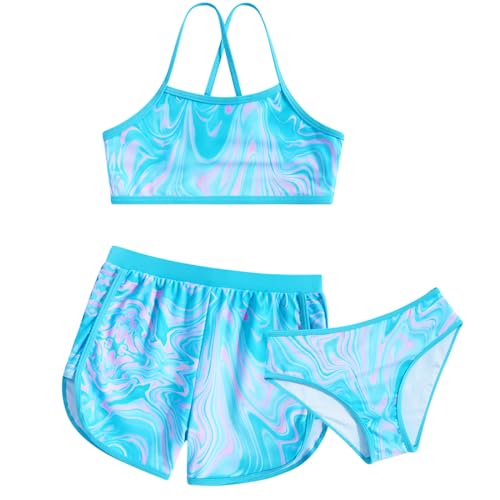 Funnycokid Girls Bathing Suits Size 12-14 3 Piece Swimsuit Fluid Size 13 Size 14 Bikini Set with Shorts Sport Swimwear 13-14 Years