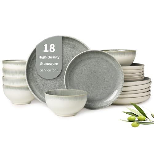 Pokini Ceramic Dinnerware Sets for 6, 18 Pieces Stoneware Plates and Bowls Sets, Chip and Stain Resistant Modern Dishes, Dishwasher & Microwave Safe Dinner Set, Gradient Green