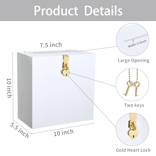 Image of UNIQOOO White & Gold Heart Lock Acrylic Card Box, Modern DIY Wedding & Occasion Box, 10x10x5.5 inches