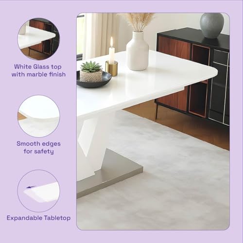 Image of Wakefit Ezio Glass 6 to 8 Seater Extendable Dining Table - White High Gloss Finish