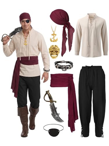 Dicxoser Pirate Costume for Men - 9-Piece Renaissance Medieval Pirate Outfit with Accessories for Halloween Cosplay and Themed Parties (White-Blcak, XL)