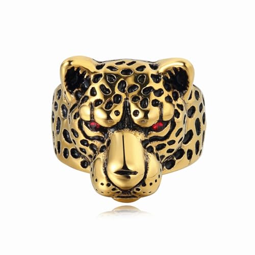 Bague punk tête de léopard sauvage dorée avec anneau hip-hop biker pour homme rock