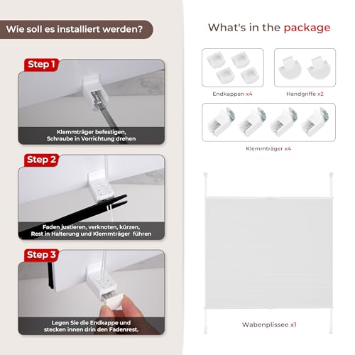 Allesin Wabenplissee ohne Bohren Klemmfix Thermo Verdunklungsplissee 45x130cm(BxH) Weiß | 100% Verdunkelnd & Sicht- & Schallschutz | Für Schlafzimmer, Wohnzimmer, Kinderzimmer, Fenster & Tür