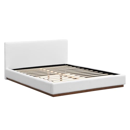 Image of Merax Queen Size Boucle Upholstered Bed Frame with Thick Headboard, Modern White Upholstery Platform Bed for Bedroom, Apartment, Solid Wooden Slats Support, No Box Spring Needed, Low Profile Design