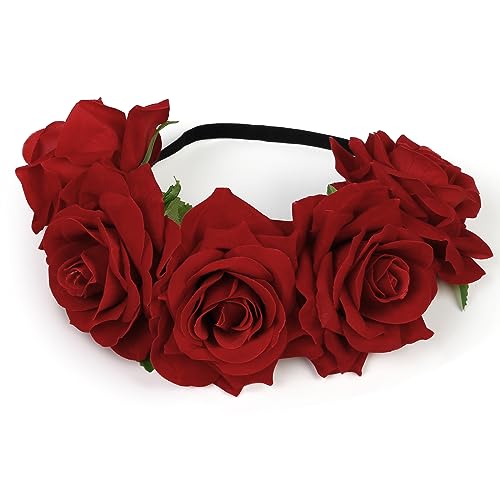 Wovowovo Rose Flower Crown Floral Headbands For Women Girls Red Fake Roses Headband For Festival Halloween Cosplay Costume Party Garland Wreath Hair Accessories cover