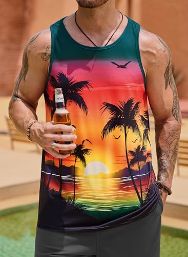 Image of VOGSTART Mens Hawaiian Beach Tank Tops Summer Vacation Muscle Top Graphic Sleeveless Shirts (S-3XL)