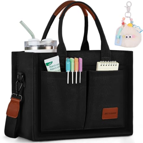 BECOJADDE Structured Canvas Tote Bag for Women, Multi-Compartment Zippered Purse for Work, Bible, Travel, Fits 14/15.6'' Laptop Black L