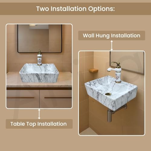 Image of Artiva Designer Ceramic Table Top Wash Basin For Bathroom /Wall Mounted Bathroom Sink /Wall Hung Washbasin /White Wash Basin For Cabinet, Countertop, Vanity (Statuario White 16 x 12 x 5 Inch)