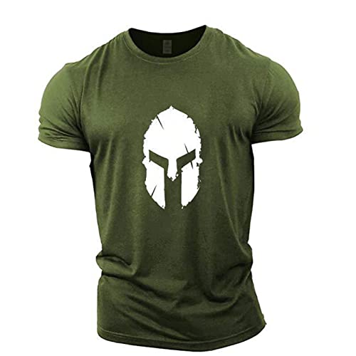 LEEGG Spartan Helm Fitness Kurzarm Herren Bodybuilding T-Shirt Basketball Outdoor Training Lose Baumwolle Sportkleidung Lässige Halbarm (Armeegrün,XXL) Cover