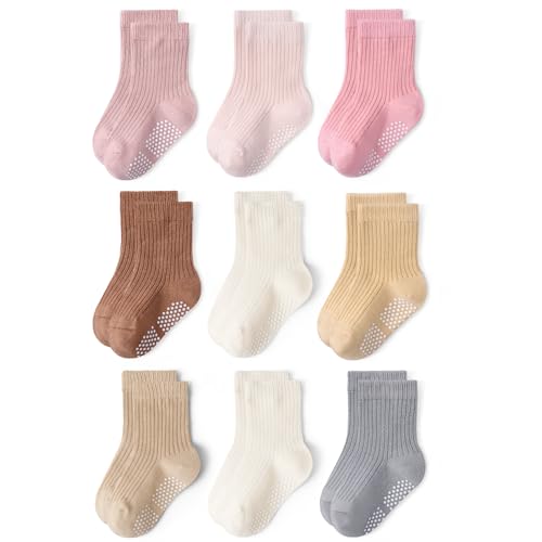 Image of Toddler Non Slip Cotton Crew Socks with Grips for Baby Boys Girls