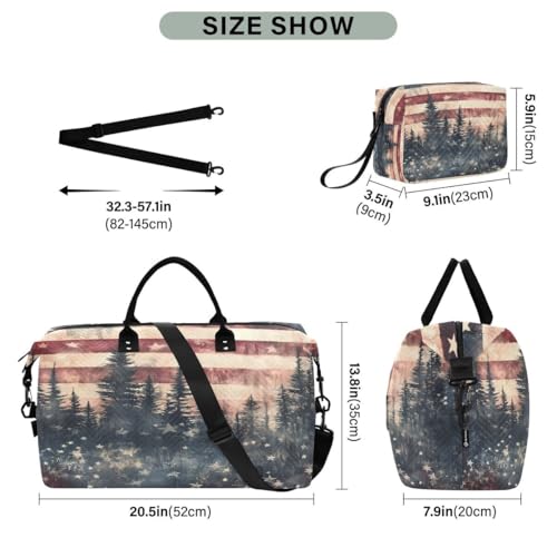 American Flag Star Tree Travel Duffle Bag Gym Bag Weekender Bags with Toiletry Bag Travel Trip Tote Bag3