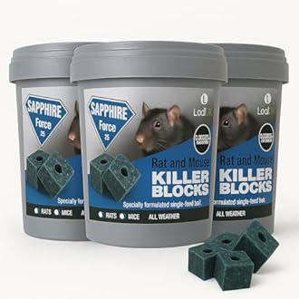 Rat & Mouse Poisoning Blocks Max Strength Bait Blocks Single Feed Rodent Killer Block Fast Acting All Weather Sapphire BLOKS - Pack of 3.