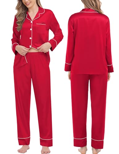 SWOMOG Couples Matching Pajamas Sets Women & Men Silk Satin Long Sleeve Button Down Sleepwear 2 Pcs Classic Loungewear3