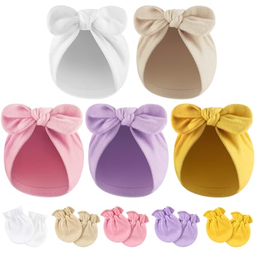 Image of BQUBO Baby Turban Hats and Mittens Set Newborn Infant Hospital Hats Caps with Bows for Baby Boys Girls 0-12 Months