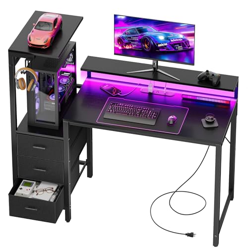 Image of HLDIRECT 44 inch Gaming Desk with 3 Fabric Drawers & Side Hooks-Reversible Home Office Computer Desk with Power Outlets & Led Lights, Gamer Desk Table with Monitor Stand, Black