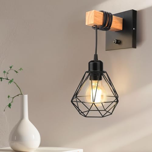 Lampada da parete industriale vintage E27, dimmerabile, lampada da parete in legno e ferro con interruttore, lampada da parete con cavo, colore nero, illuminazione da parete retrò per camera da letto