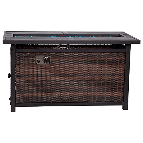Flash Furniture Olympia 50,000 BTU Outdoor Propane Fire Pit Table - Black Stainless Steel Tabletop and Espresso Wicker Base - 45" x 25" - Included Glass Fire Beads