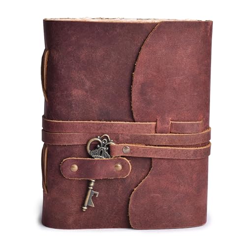 Image of LEATHER VILLAGE Black Leather Journal Key Lock, Mahogany Brown 10x7.