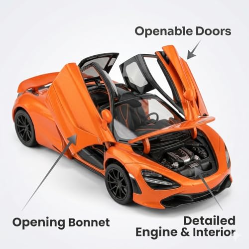 Image of McLaren 720S 1:24 Scale Die-Cast Car Model Orange - Dihedral Butterfly Doors Sound Light Pull-Back Alloy Metal Collectible Toy Car