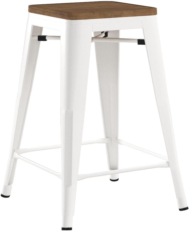 Changjie Furniture Bar Stools Industrial Counter Height Bar Stools Stackable Backless Barstools Set of 4 for Kitchen (24 inch, White)