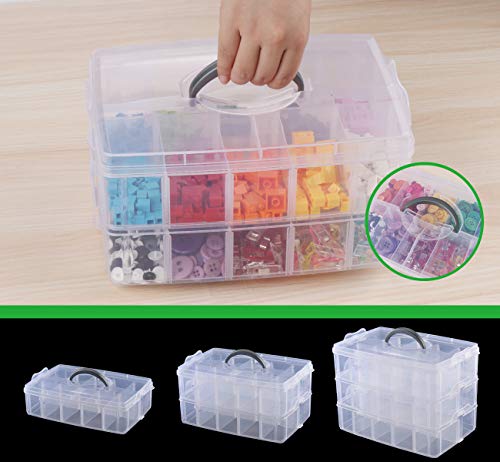 Craft Storage Box with Compartments, 3-Tier 30 Sections Transparent Stackable Plastic Box Organiser with Handle, Clear Plastic Storage Boxes for Smaller Items, Jewelry, Sewing Accessories