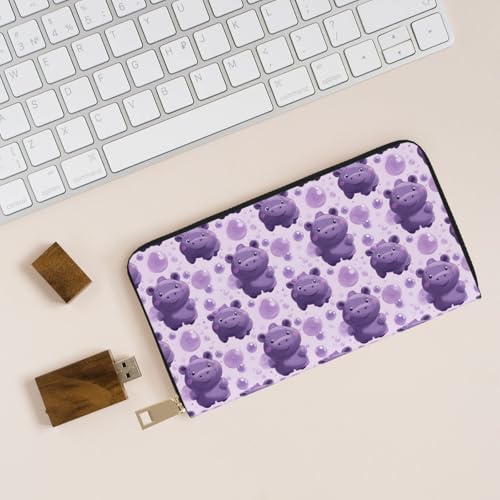 Leather Thin Slim Wallets for Women Men - Fashion Cartoon Purple Hippo Print Card Wallet Holder with Zipper4