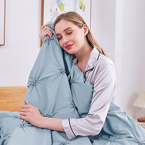 JOLLYVOGUE King Size Comforter Set 7 Pieces, Light Blue/Ivory Bed in a Bag Comforter Set for Bedroom, Beddding Sets with Comforter, Sheets,Ruffled Shams & Pillowcases