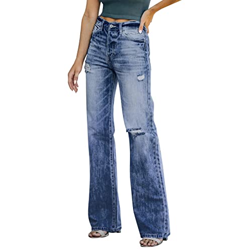 Pantalon délavé à jambes larges pour femme style décontracté bleu L