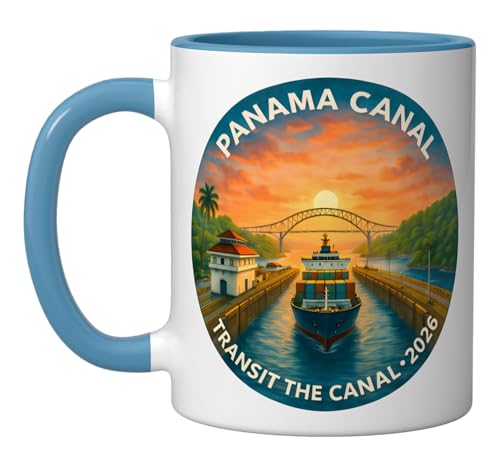 Vintage Panama Canal Transit 2026 Ship Sailing Cruising Ceramic Mug, Blue/White