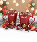 2 Pack Chocolate Fondue Mug Set, Ceramic Personal Melting Cups with 2 Forks, Mini Fondue Pot for Cheese, Butter, Tapas, Tealight Warmer for Date Night, Valentine's, Housewarming Gifts (red)