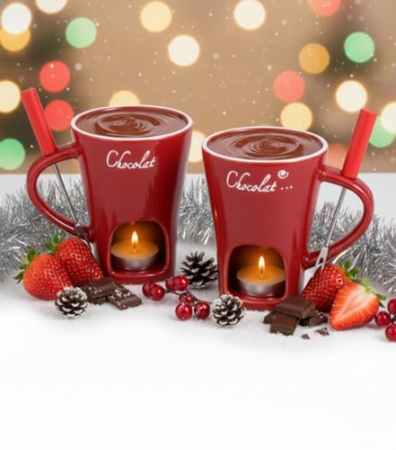 2 Pack Chocolate Fondue Mug Set, Ceramic Personal Melting Cups with 2 Forks, Mini Fondue Pot for Cheese, Butter, Tapas, Tealight Warmer for Date Night, Valentine's, Housewarming Gifts (red)