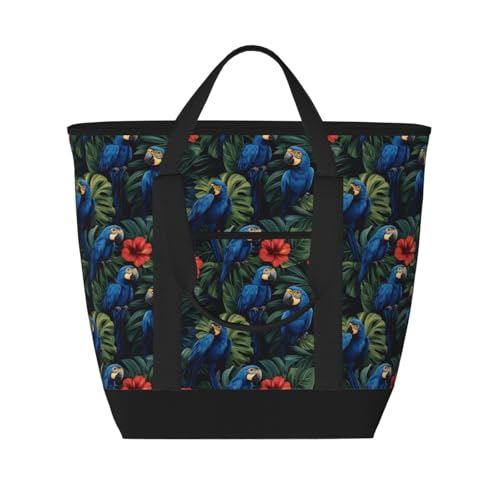 Grand sac isotherme doux avec imprimé perroquets bleus tropicaux