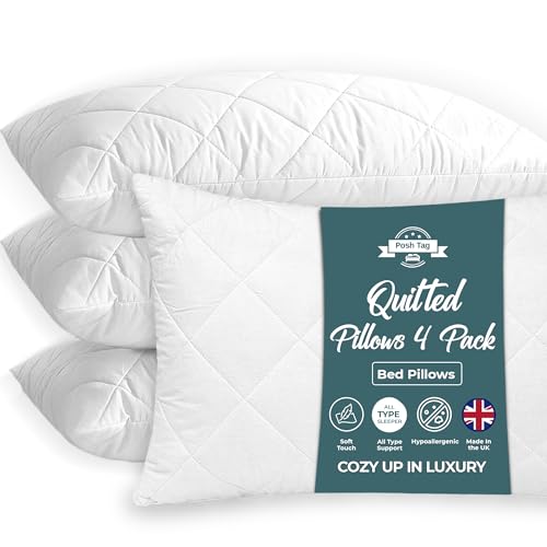 Posh Tag Quilted Pillows 4 Pack (48 x 74) cm Hollow Fiber Filled Comfortable & Breathable Non-Allergenic Hotel Quality Hypoallergenic Back & Down Support Alternative Pillows Bed Pillow
