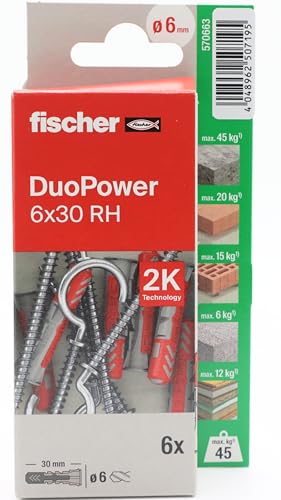 fischer - Duopower 6x30 Con Hembrilla Abierta- 4U, Tacos para pared multimaterial, sirven para Colgar Bicicletas, Cuadros, Armarios, Soportes de Televisión, Estanterías, Muebles.